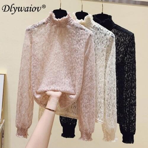 Turtleneck Lace Tshirt Womens Lantern Sleeve Spring Autumn Elastic Mesh Tops Female Thin T Shirt Clothes Ladies Tee Shirt Femme