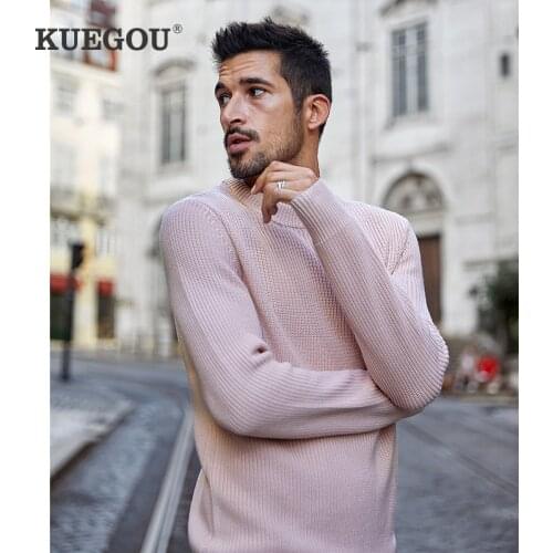 KUEGOU 2020 Autumn Cotton Plain Black Sweater Men Pullover Casual Jumper For Male Wear Brand Knitted Plus Size Clothes 32002