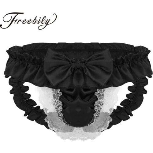 Men Sissy Panties Satin Crotchless Soft Satin Underwear Shiny Seamless Floral Lace Sexy Sissy Gay Briefs Thongs with Bowknot