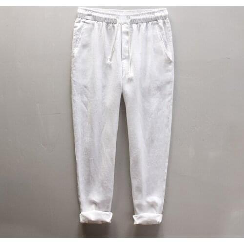 Mens Summer Casual Pants Natural Pure Linen Trousers Solid Color Elastic Waist Straight Pants Y3560