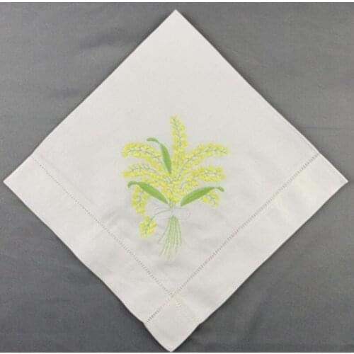 Set of 12 Fshion Handkerchiefs White linen Hemstitched Table Napkin 20x20-inch Ladder Embroidered Lily Flower Dinner Napkins