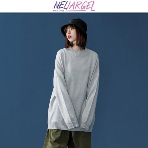 NELLARGEL Women Y2k Korean Fashion Oversized Sweater 2021 Female Solid Vintage Streetwear Pullovers Girl Preppy Style Sweaters