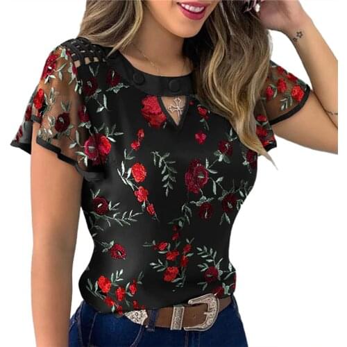 4 Styles Sexy Women Ladies Ruffle Sleeve Tops Pullover Dot Polk Embroidery Floral Print Blouse OL Casual Chiffon Jumper Tee