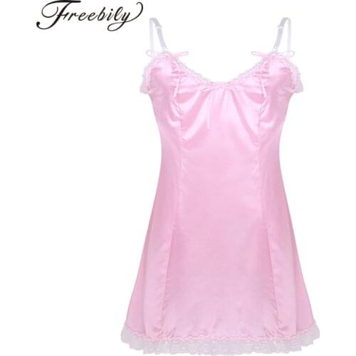 Hot Sexy Men Crossdressing Sissy Lingerie Dress Spaghetti Straps Satin Lace Babydoll Erotic Male Dresses Gay Underwear Nightwear