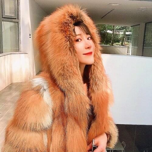 2021 New Luxury Red Silver Fox Fur Hooded Coats Women Winter Warm Outerwear High Quality Genuine Fox Fur Thick Fur Coat