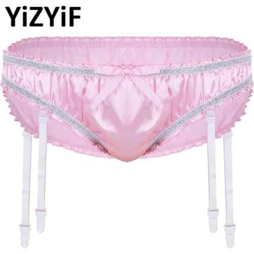 Mens Panties Jockstraps Bikini Stretchy Satin Briefs with Garters Lingerie Gay Shiny Ruffled Sissy Thongs Bowknot Gay Underwear