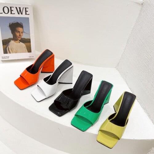 High Heels Female Pumps Shoes Open Square Toe Sexy Party Nightclub Summer Slides Patent Leather Slippers Concise Outside Sandal