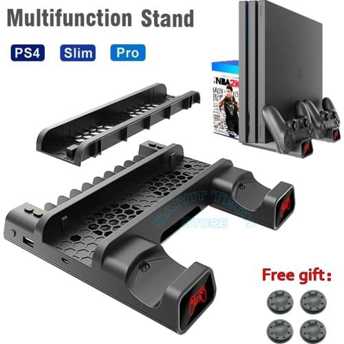 PS4/ PS4 Pro/ PS4 Slim Console Vertical Stand 2Controller Charging Dock 2Cooling Fan 10Games Disic Storage for Sony Playstation4