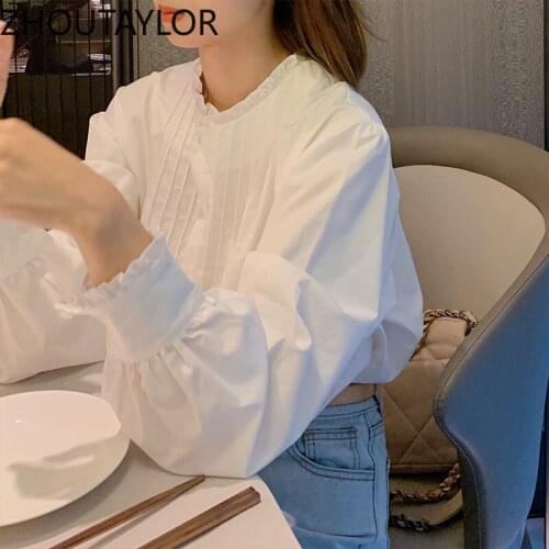 ZHOUTAYLOR Women Shirts Office Lady Fashion Stand Collar Full Puff Sleeve Blouses Single Breasted Straight Tops Female S0697