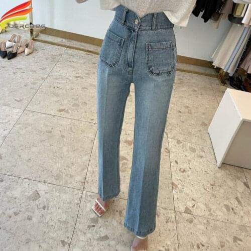 New 2021 Autumn High Waist Jeans For Women Double Pockets Korean Fashion Casual Denim Pants Jeans Washed Loose Flare Jeans