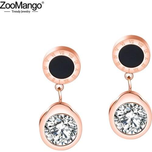 ZooMango Black Circle Design Earrings Stainless Steel Inlaid Cubic Zirconia Roman Numeral Stud Earrings For Women ZE17092