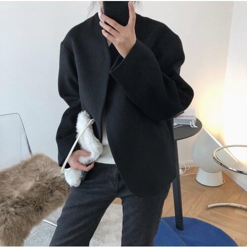 2021 Autumn Winter New Lapel Double-breasted Temperament Slim Pure Color Back Fold Long Female Handsome Jacket