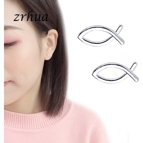 ZRHUA High Quality Silver Color Earring Fashion Cute Tiny Fish Stud Earrings Gift For Women Girls Gift Hollow Design