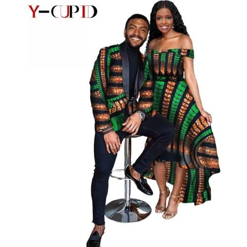 African Clothes for Couples Bazin Riche Women Party Print Irregular Long Dresses Matching Men Outfits Blazer Suit Jacket Y21C008