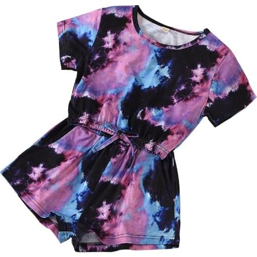 Kids 2 Pieces Suit Set Tie-Dye Print Round Collar Short Sleeve Pullover+ Shorts For Summer Purple Soft And Comfortable