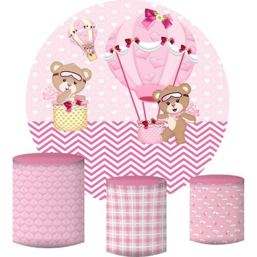 Round Circle backdrop Pink Hot Air Balloon Background Bear Baby Shower Birthday Party Decor Girl Birthday Photocall Studio Cover