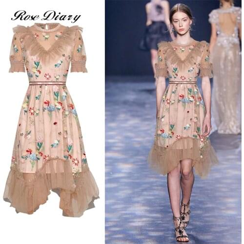 RoseDiary runway designer asymmetrical flower embroideried short sleeve midi dress high waist elegant women lady party dresses