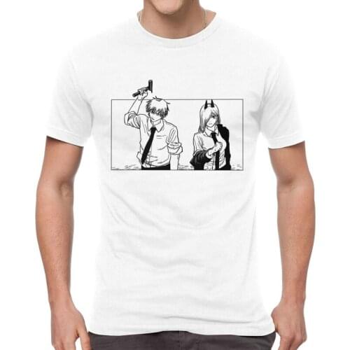 Denji And Power Trying To Kill Some Drunk Old Man Tshirts Men Stylish Tees Top Cotton T Shirts Short Sleeve Chainsaw Man T-shirt