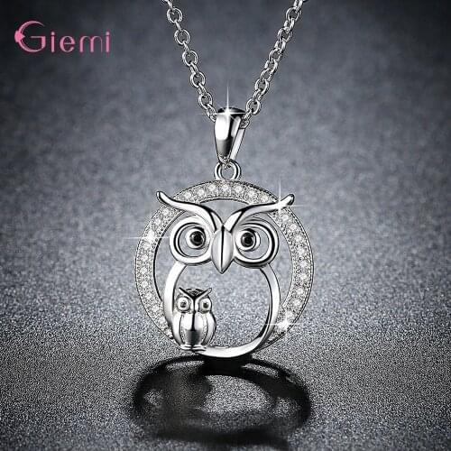 Newest Cute Models Genuine 925 Sterling Silver Charm Necklace Sparkling Crystal Owl Shape Pendant Necklace For Women Girls