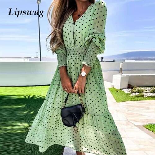 Women Elegant Dot Print Maxi Beach Dress Sexy V Neck Button Lady Party Dress New Fashion Spring Summer Long Sleeve Chiffon Dress