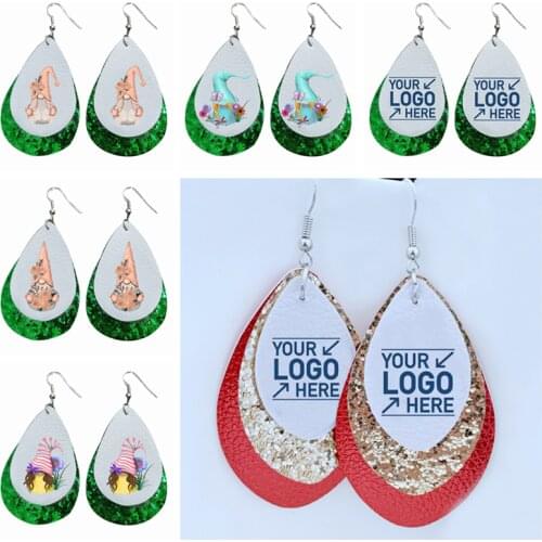 Spring Sporing Woman Fashion Faux Leather Easter Gnomes Teardrop Earrings We Can Customize Your Logo
