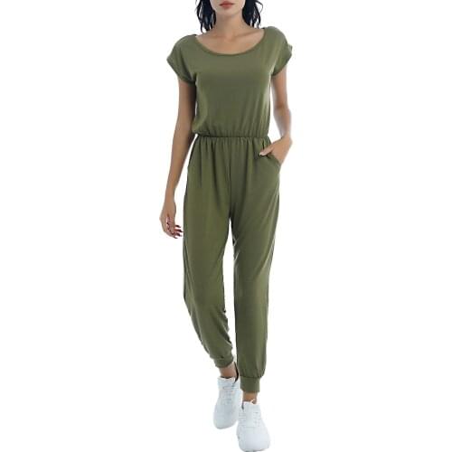 Women Fashion One-piece Jumpsuit Summer Casual Wear Slant Shoulder Short Sleeves Elastic Waist Pants Slim Fit Jumpsuit Bodysuit