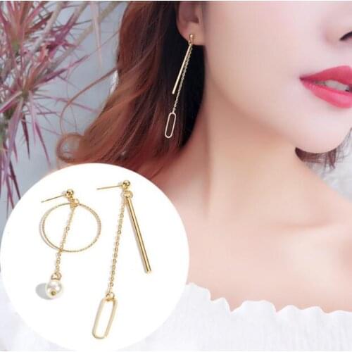 Ey560 New Trendy Wild Geometric Round Circle Sticks Pearl Tassel Chain Asymmetric Earrings Female charm jewelry accessories
