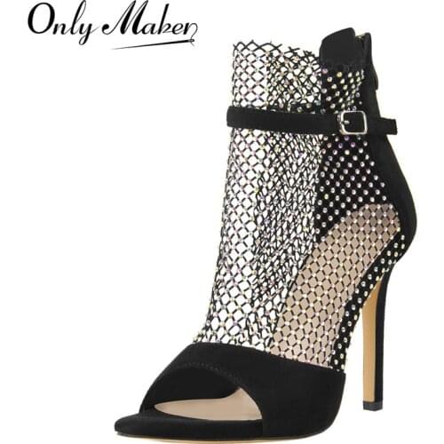 Onlymaker Woman Black Mesh Sandals Peep Toe Back Zip High Heels Ankle Strap Buckle Hollow Rhinestone Ladies Shoes Big Size