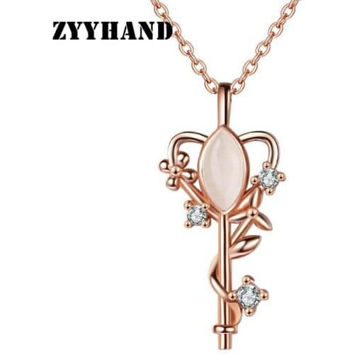 Rose-Gold Women Key Pendant Necklace AAA Zircon Girl Party Romantic Wedding Engagement Neck Jewelry