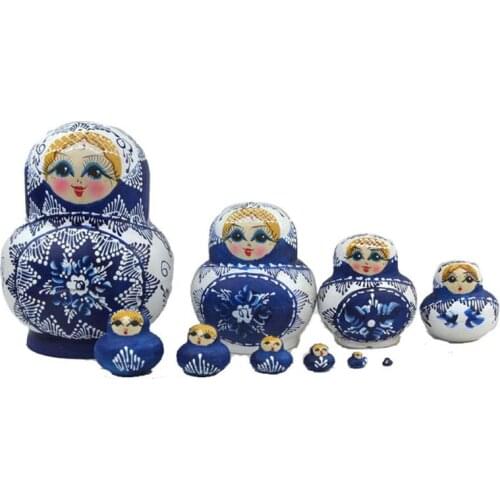 10pcs/set Painted Russian Matryoshka Blue and White Porcelain Pot-bellied Doll 23GD