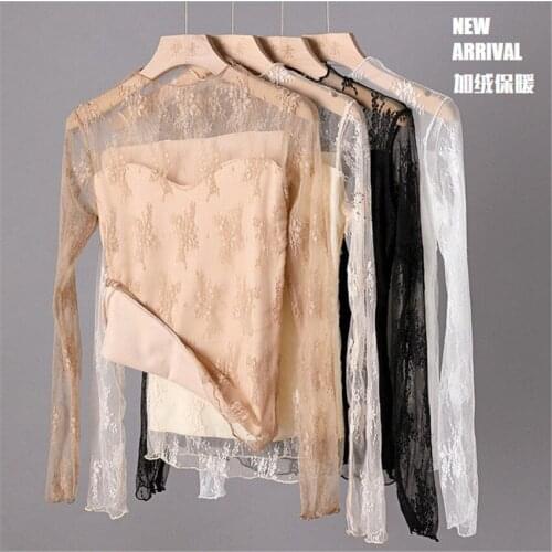 20 Autumn Women Add Velvet Blouse Girl Mesh Patchwork Shirt Spring Long Sleeve Lace Blousas Basic Tops Pullovers Bottomings 1290