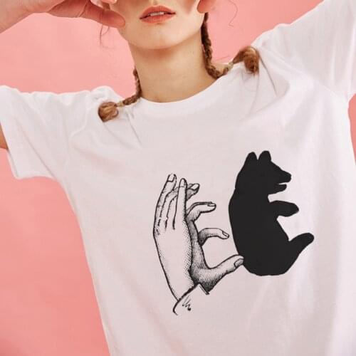 2020 Casual Women T-shirts Ulzzang Streetwear Kawaii Reflection Shadow Print Tshirt Korean Style Tops Harajuku Short T Shirt