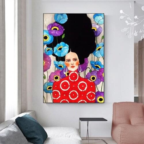 Abstract Vintage Girl In Lotus Flower Poster Nordic Wall Art Canvas Painting Poster and Prints Pictures for Living Room Decor
