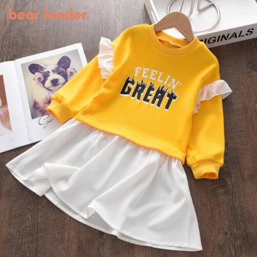 Bear Leader Baby Girls Spring Preppy Style Costume New Kids Girl Letter Print Dresses Chidlren Patchwork Ruffles Casual Clothing