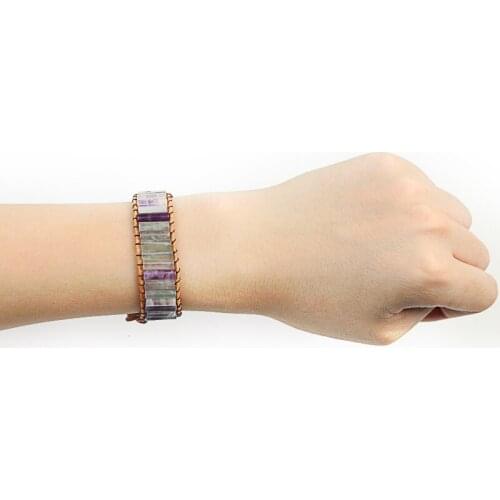 Fluorite Unique Natural Stone Tube Shape Single Leather Wrap Bracelets Handmade Bohemian Weaving Wristband Bracelet
