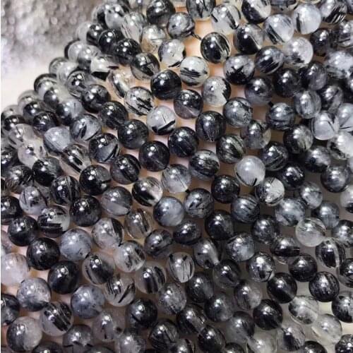 Natural stone beads black rutile quartz smooth round needlework loose Bead hair crystal Jewelry Making perles DIY women Bracelet