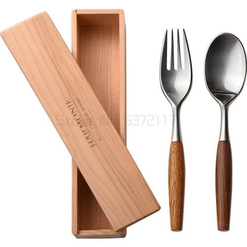 Household wooden handle knife and fork portable tableware childrens spoon chopstick box Stainless Steel Set