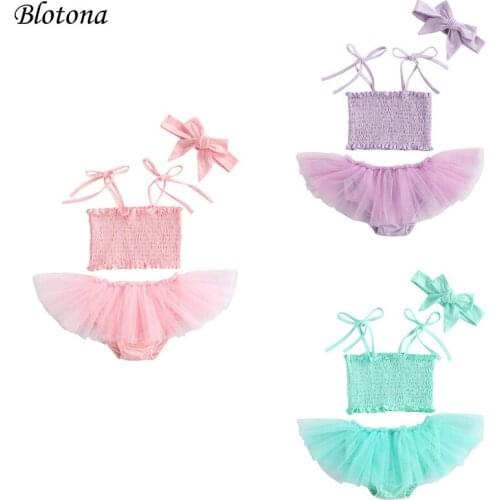 Blotona Infant Three Pieces Set Baby Pleated Solid Color Sleeveless Camisole Mesh Shorts Skirt Hair Band for Girls 0-24Months