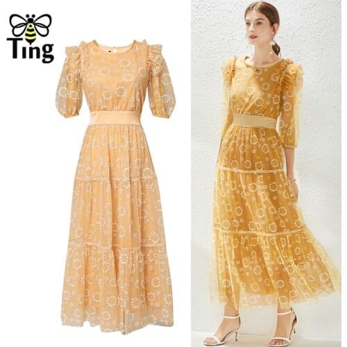 Tingfly Designer Runway Fashion Daisy Flower Print Ruched Elegant Party Dresses Gowns Women Long A Line Dress Retro Robes Eam