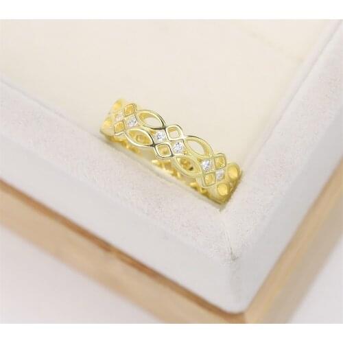 Sell well in Europe and America S925 pure silver plated gold wedding ring pattern hollow white crystal jewelry womens gift