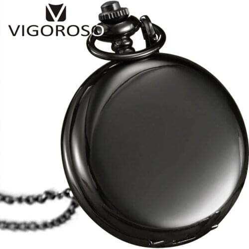 VIGOROSO Black Metal Alloy Steampunk Style Quartz Pocket Watch Man Classic Pockets Watches Chain Necklace Pendant For Men Women