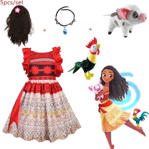 Baby girl clothes Cosplay Princess dress Moana Children Vaiana Girls Party Wedding dresses with Necklace Pet Pig chick Costumes