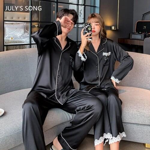 JULYS SONG Pajamas Set Couple Faux Silk Lace Solid Color Female Male Spring Autumn Sleepwea Casual Soft Long-sleeved Home wear