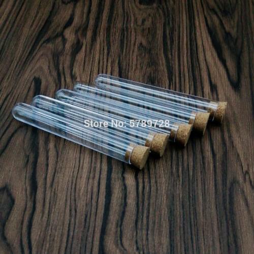 20pcs/pack 15*100mm Transparent Plastic test tube with Cork Stopper U-shape bottom Laboratory , Wedding favours Spice Tube