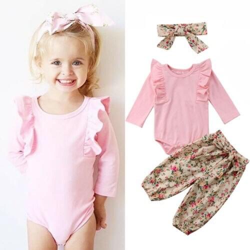 Dropshipping 3Pcs Newborn Baby Girl Outfits Ruffles Long Sleeve Top Romper+Flowers Harem Pants Set Clothes
