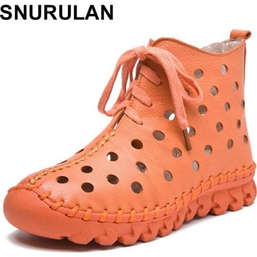 SNURULAN 2017 New Hollow Summer Boots Soft Leather Shoes Women Comfortable Handmade Women Moccasins Flat Shoes High Top Flat