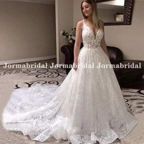 Ivory Lace Appliques Glitter Wedding Dresses Shiny Tulle Bridal Dresses V-Neck Boho Wedding Party Gowns Open Back Long Train