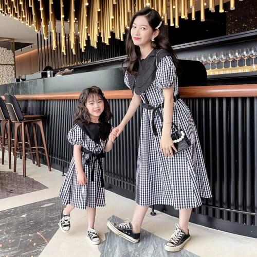 Loose Dress 2021 Summer Family Look Mother Daughter Dress Clothes Family Matching Outfits Clothes Bubble Sleeve Lattice Dress