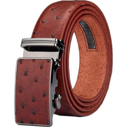W17920X Men Ostrich leather design fleece inside ratchet buckle genuine leather belts
