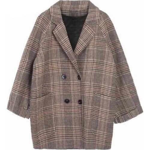 2020 New Chic Plaid Woolen Women Jacket Elegant Office Lady Pockets Work Coat Ladies Loose Double Breasted Outerwear Tops